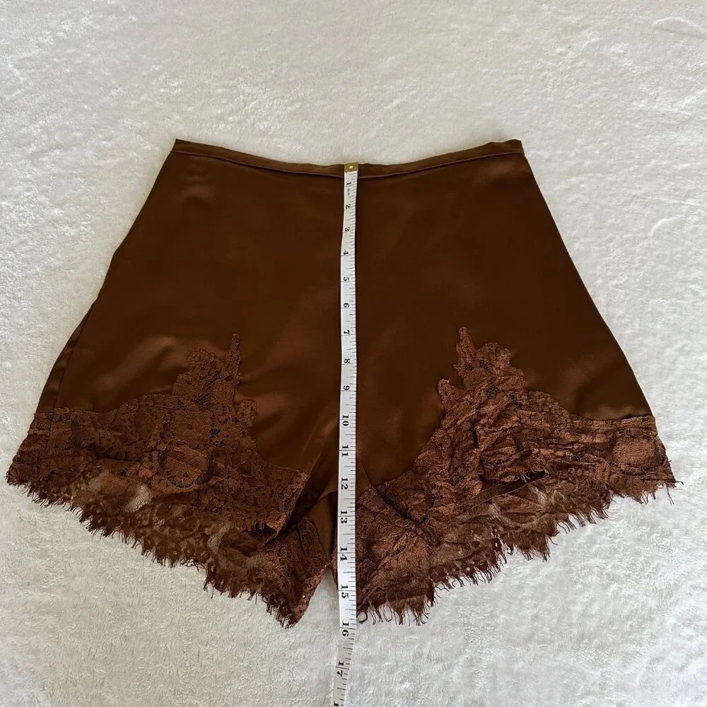 Brown Lace-Trim Silky Satin Shorts Size: S - Loungewear as Outerwear - Picture 8 of 12